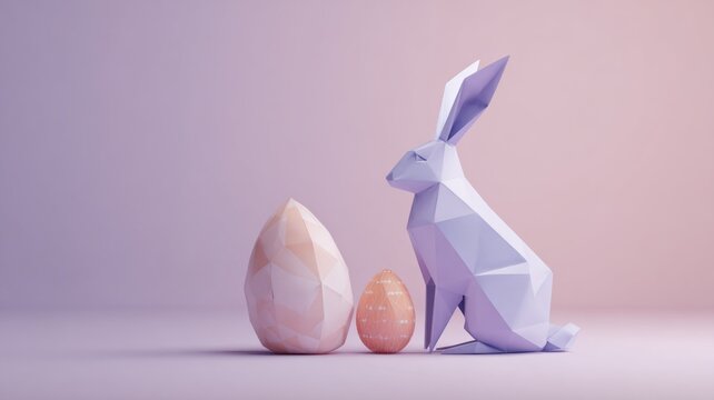 Geometric bunny and eggs on pastel background: minimalist easter concept
