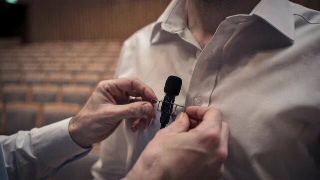 Closeup of sound engineer clipping lapel mic onto a shirt surrounded by outoffocus theater seats and soft acoustic paneling enhancing audio clarity.