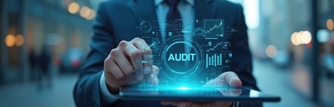 Man in suit interacts with futuristic audit dashboard on tablet. Digital analysis of financial data, charts and graphs. Business intelligence concept with glowing interface.
