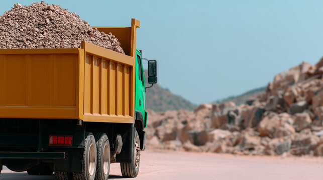 Heavy dump truck loaded with gravel at a construction site. Industrial tipper lorry transporting crushed stone from a quarry. Heavy machinery and building materials transportation with copy space