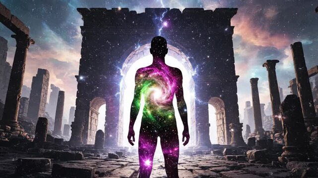 Person Silhouette with a Galaxy Inside at an Ancient Glowing Archway