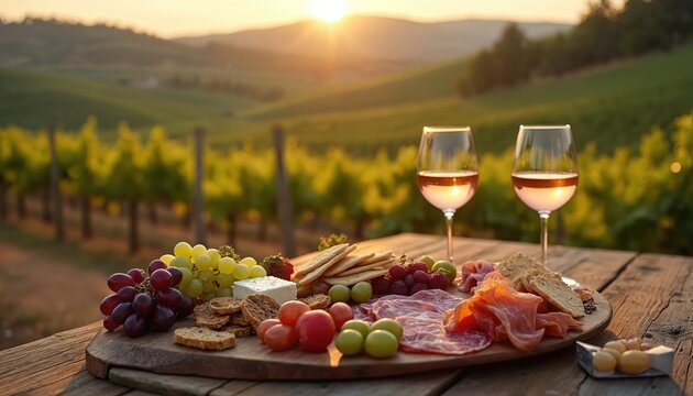 Two wine glasses with rose wine sit on a wooden table with cheese crackers and cured meats in a vineyard at sunset. Rolling hills in background offer scenic beauty.