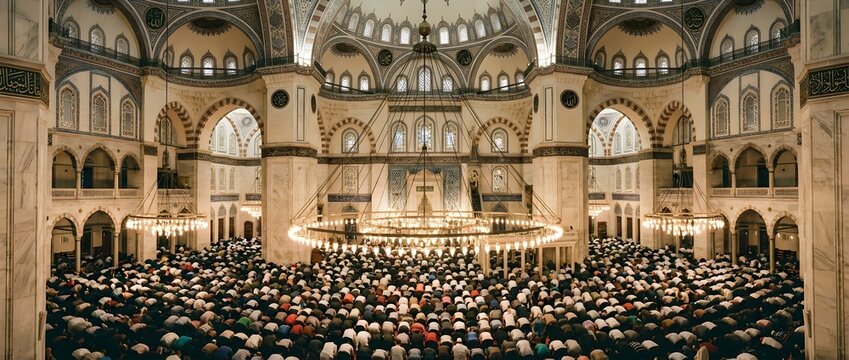 Wide-angle interior view of grand mosque filled with worshippers in sujood prostration during prayer