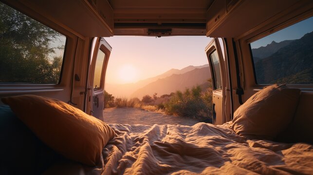 camper van interior facing nature at warm sunset