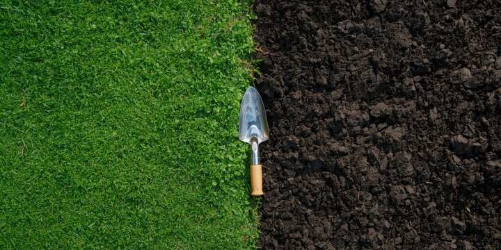 Trowel on soil and grass boundary with green lawn and dark earth gardening tool dirt