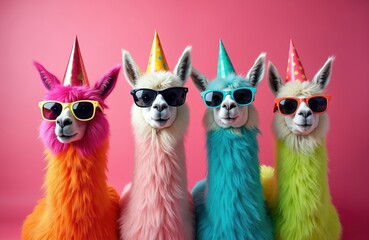 Four llamas wear party hats and sunglasses in bright colors. They stand close together against a pink background. Llamas are ready for a fun celebration event or party time.
