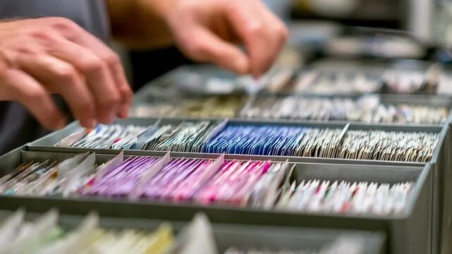 Medium shot of hands manually sorting letters into labeled trays showcasing precise mail categorization techniques in a busy office environment.