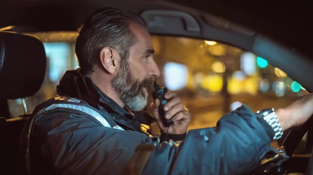 Repossession specialist communicating via radio while monitoring a parked car to ensure safe and legal retrieval from owners property.