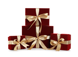 Fototapeta premium Saint Valentine's day. Beautiful velvet gift boxes isolated on white