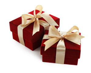 Fototapeta premium Saint Valentine's day. Beautiful velvet gift boxes isolated on white