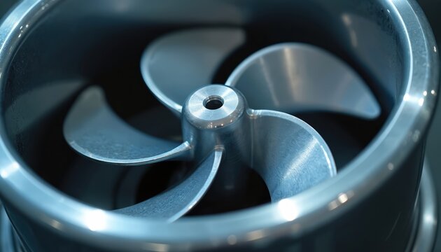 Shiny metal impeller with curved blades inside cylindrical container. Close view of polished steel component for machinery, industry, or marine use. Mechanical part has center hub with hole.