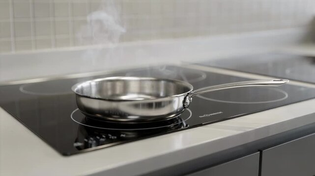 Medium shot of flush induction buffet counter heating cookware with foreground pan clear and background softly blurred highlighting sleek modular tile design.