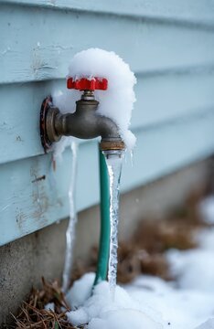 Outdoor faucet is frozen and leaking during winter. Icicles hang from the spigot. Snow covers the hose bib and surrounding area. Water drips form icicles on a house exterior wall.