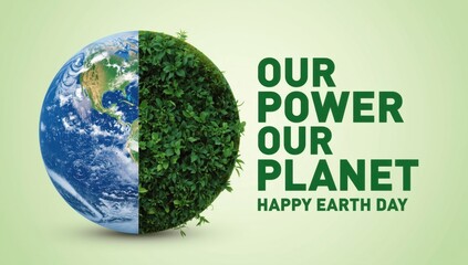 Earth Day globe with green leaves and text on light green background