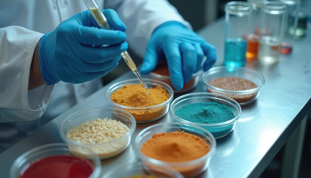 Food scientist works in lab. Hands in blue gloves add liquid to powder samples. Researching new food ingredients and products for better taste and safety.