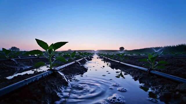 A close-up view of a drip irrigation system efficiently watering young plants in a fertile field during sunrise. This sustainable farming method conserves water while promoting healthy crop growth