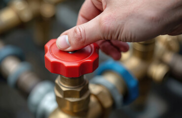 Hand turns red valve on brass pipe system. Control water flow with manual valve handle. Close-up of plumbing connection and control mechanism.