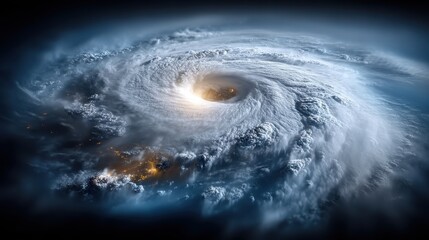 Fototapeta premium Hyper-realistic high-altitude satellite image of a massive cyclonic storm system swirling over the dark ocean with dramatic cloud formations