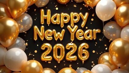 Naklejka premium Golden balloons spell out Happy New Year 2026 on black background. Festive confetti floats around shiny balloons for celebration. New year eve party decor.