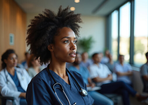 Young black nurse with stethoscope listens in conference room. Diverse medical staff attend seminar or lecture. Professionals learn about healthcare ethics and treatments.