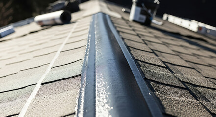 Obraz premium Closeup view of a roof gutter system on shingled rooftop