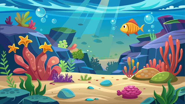 Cartoon vector illustration of peaceful underwater environment with soft color blending and simple flat ocean look