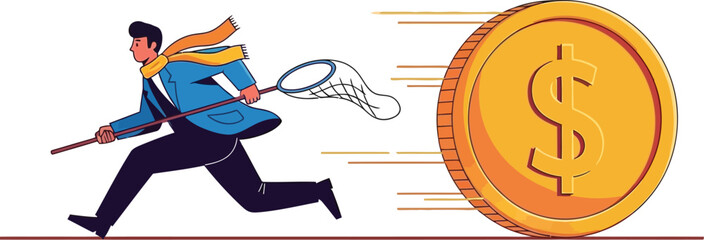 Man chasing rolling dollar coin with net