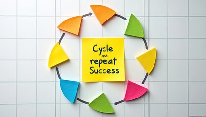 Fototapeta na wymiar Colorful pie chart segments arranged in circle with arrows showing process. Yellow sticky note in center reads Cycle and repeat Success, suggesting business strategy or personal development plan.