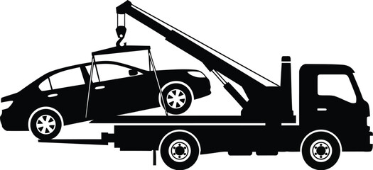 Tow truck carrying car on flatbed trailer