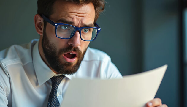 Astonished man in glasses reads paper document with shocked face. Wide eyes, open mouth express surprise. Business professional learns unexpected bad financial news at work.