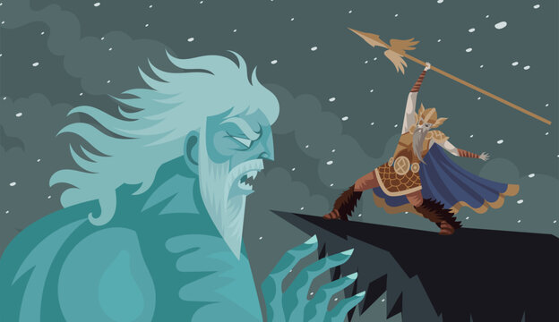odin fighting with gungnir spear against Ymir giant