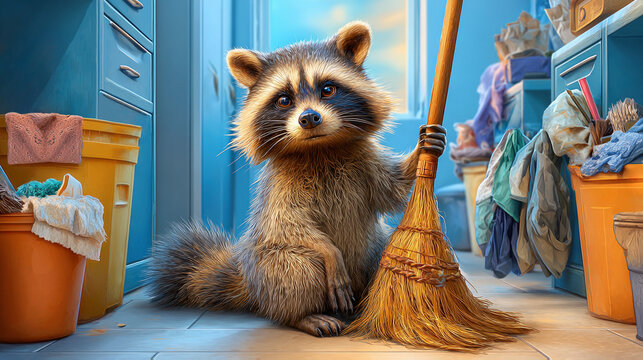 Cute raccoon holding broom in cluttered storage room with cleaning tools, buckets and laundry around on tiled floor, blue interior background. Concept of cleaning service and responsibility