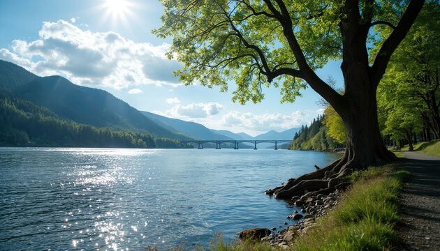 Wide river flows through green forested mountains under sunny blue sky with clouds. A long bridge crosses water near lush trees and grassy shore. Scenic summer landscape.