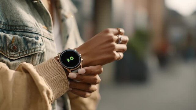 Shot of a person interacting with a smartwatch that shows travelrelated phrase suggestions helping navigate conversations in a foreign environment.