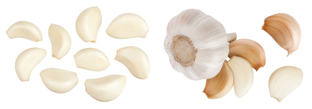 garlic cloves isolated on white background close up. Top view. Flat lay.