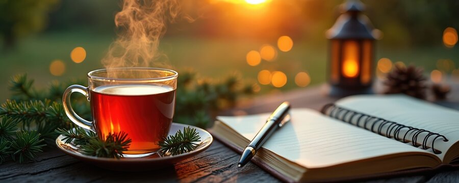 Hot tea steams in glass cup beside open journal, pen on rustic table. Lantern glows as sun sets in garden creating warm, peaceful atmosphere. Nature elements like pine sprigs, pinecones add cosy