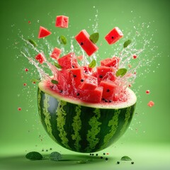 Fototapeta premium Ripe watermelon chunks burst from a halved fruit with mint leaves and water droplets mid-air. Juicy red fruit pieces fly outwards against a vibrant green backdrop creating a refreshing summer scene.