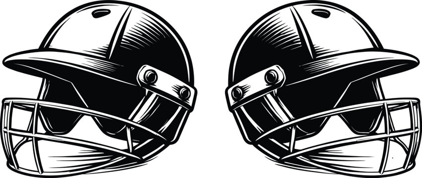 Vector illustration of two black and white cricket helmets with detailed cross-hatching texture, isolated on a transparent background, perfect for sports branding or team logos.