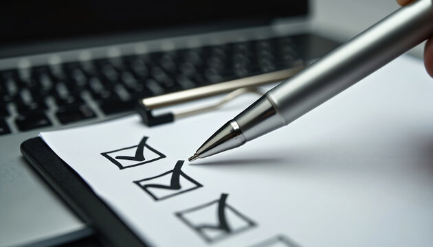 Pen marks checklist for tasks completion and project planning. Aims to track progress and manage workflow on a laptop. This supports business operations and goal achievement.