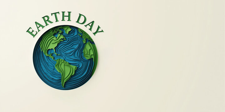 Earth Day poster with green and blue globe and slogans on beige background