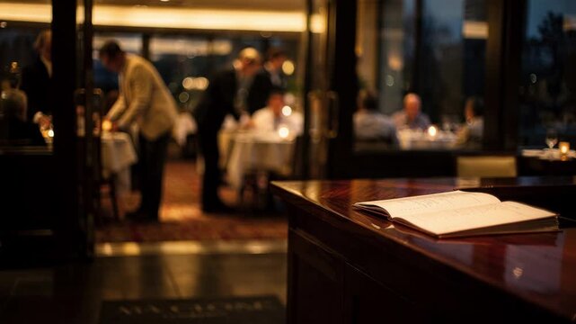 Dimly lit entryway in medium shot host stand foreground sharp seating chart vibrant background showing softly blurred patrons entering for dinner.