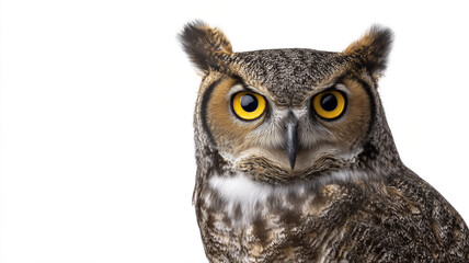 Obraz premium Large owl with yellow eyes stares at the camera