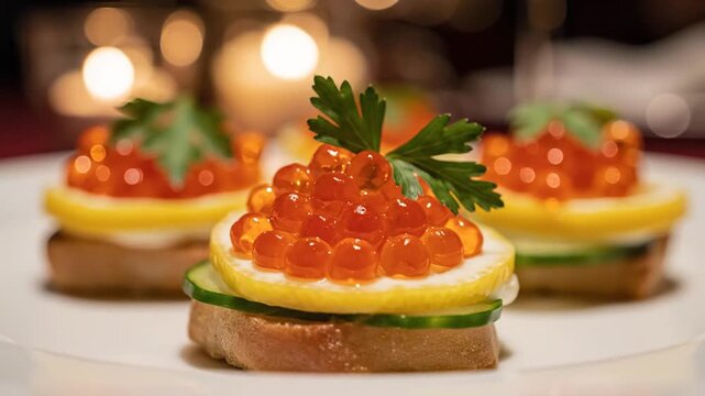 Close up of red caviar appetizers on white plate