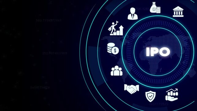 Initial Public Offering I P O Concept with Business and Global Finance Symbols on Dark Blue Background