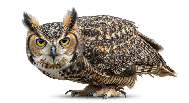 Large owl with yellow eyes is standing on a white background