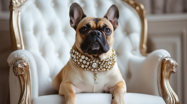 Regal French Bulldog resting in an elegant chair adorned with a dazzling jewel collar Generative AI