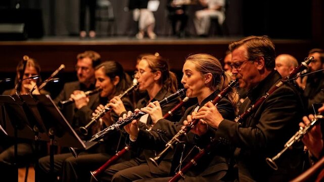 Closeup of winds section performing passionately in an orchestra pit below a musical theater stage musicians and instruments clearly in focus with the stage softly out of focus