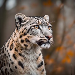 Fototapeta premium Snow leopard prowling on a rocky mountain ridge during snowfall