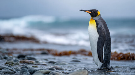 Fototapeta premium King penguin standing along the rocky Atlantic ocean coastline