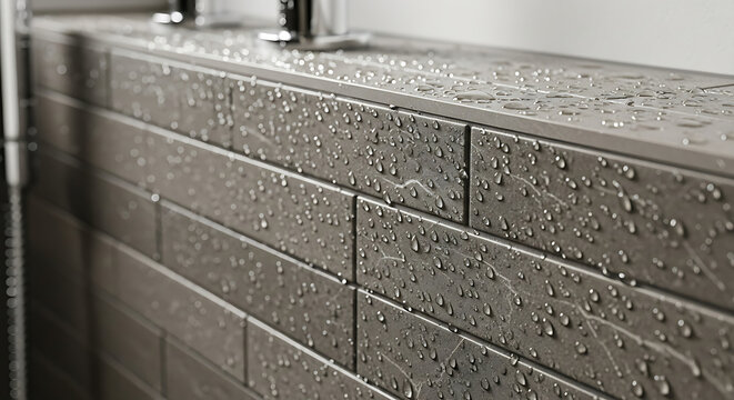 Closeup of wet gray brick wall with water droplets on surface